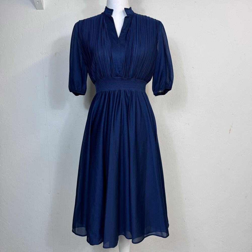 Vintage Flowy Dress Blue Romantic Girly Size 8 Shirred Waist Feminine Pleated